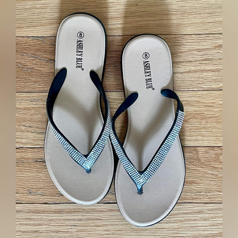 Thong sandals with blinged out straps, never worn